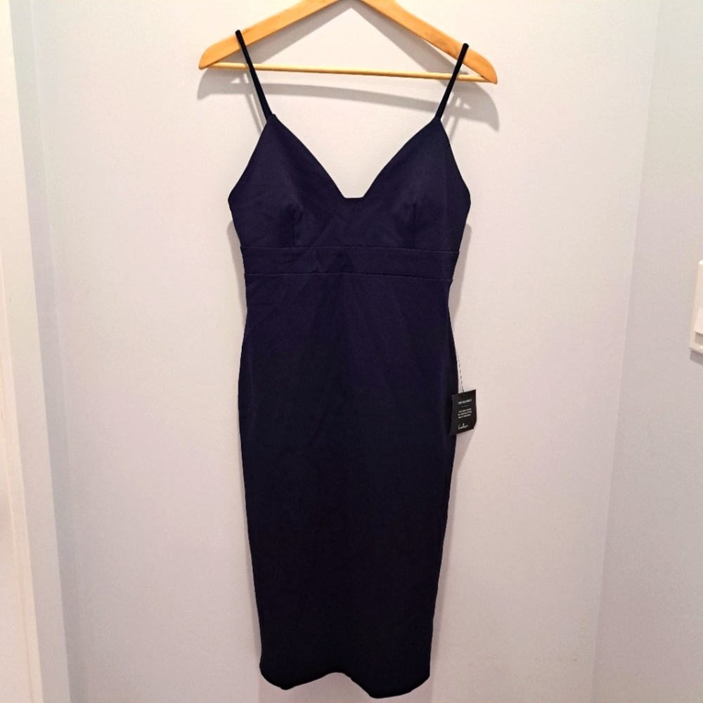 NWT Lulus Classic Navy Bodycon Party Cleangirl Minimalist Midi Dress Womens L